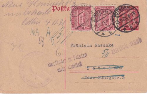 DR-Infla - 10 Pfg. Dienstganzsache "21" +Zusatz Ortskarte Potsdam 3.11.21 Retour