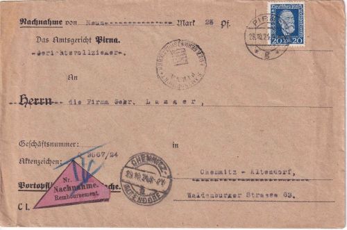 DR - 20 Pfg. Stephan Nachnahmebrief Pirna - Chemnitz 1924