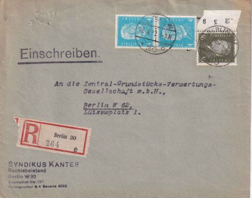 DR - 30+2x4 Pfg. Hindenburg/Ebert Ortseinschreibebrief Berlin W30 26.4.32