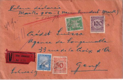 DR - 100 Pfg. Korbdeckel u.a. Wertbrief i.d. SCHWEIZ Ulm - Genf 1026