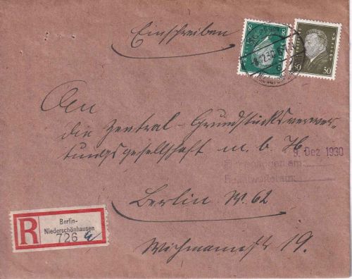 DR - 30+8 Pfg. Ebert Ortseinschreibebrief Berlin-Niederschönhausen 8.12.30