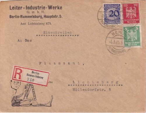 DR - 20 Pfg. Korbdeckel u.a. Ortseinschreibebrief Berlin-Rummelsburg 5.3.25