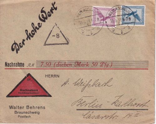 DR - 20+15 Pfg. Adler/Sockel Nachnahmebrief Braunschweig - Berlin 1931
