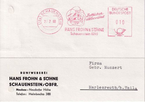 BRD - Schauenstein 1960 10 Pfg. AFS Frohn Bettwäsche Karte n. Marlesreuth
