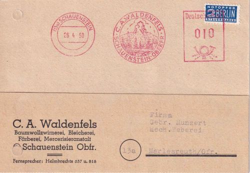 BRD - Schauenstein 1950 10 Pfg. AFS Waldenfels Zwirnerei Karte n. Merlesreuth