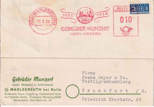 BRD - Marlesreuth 1953 10 Pfg. AFD Munzert Weberei Karte n. FFM