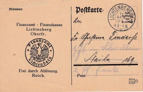 DR - Lichtenberg 11. APR 27 Frei d. Ablösung/Karte n Naila Weiterleitungsvermerk