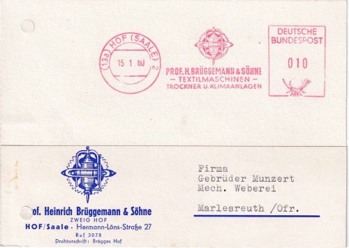 BRD - Hof (Saale) 1960 10 Pfg. AFS Brüggemann Textilmaschinen Firmenkarte