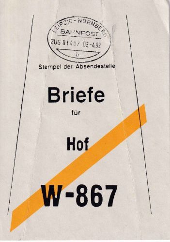 BRD - Leipzig/Nürnberg Bahnpost Zug 01407 Vorbundzettel f. W-867 Hof 1992