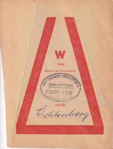 BRD - Hof (Saale)/Bad Steben Bahnpost Z. 2001 Vorbundzettel n. Lichtenberg 1963