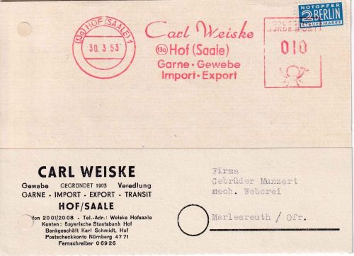 BRD - Hof 1953 10 Pfg. AFS Weiske Garne Gewebe Firmenkarte n. Merlesreuth