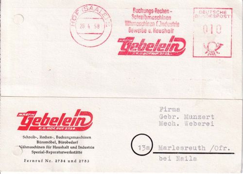 BRD - Hof 1958 10 Pfg. AFS Gebelein Schrei- u. Nähmaschinen Karte n. Marlesreuth