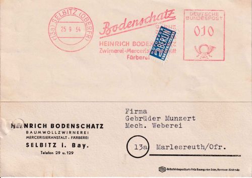 BRD - Selbitz 1954 10 Pfg. AFS Bodenschatz Zwirnerei Karte n. Marlesreuth