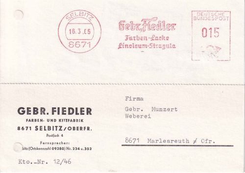 BRD - Selbitz 1965 10 Pfg. AFS Gebr. Fiedler Farben Lacke Karte n. Marlesreuth