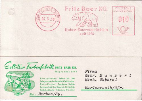 BRD - Selbitz 1958 10 Pfg. AFS Baer KG Bauwaren Kohlen Karte n. Marlesreuth