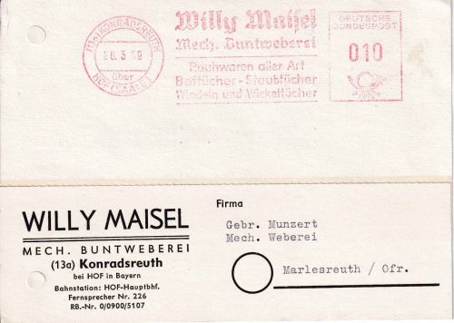 BRD - Konradsreuth ü. Hof 1959 10 Pfg AFS Maisel Buntweberei Karte n Marlesreuth