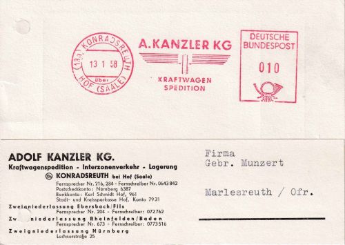 BRD - Konradsreuth ü. Hof 1958 10 Pfg AFS Kanzler Kraftwagen Karte n Marlesreuth