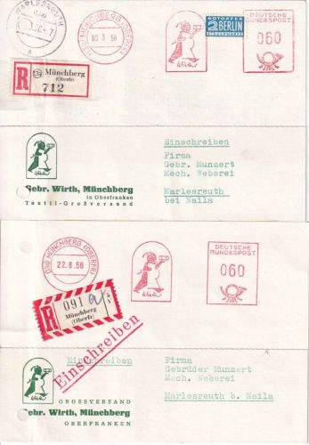BRD - Münchberg 1956 60 Pfg AFS Wirth Textil 2 Einschreibekarten n. Marlesreuth