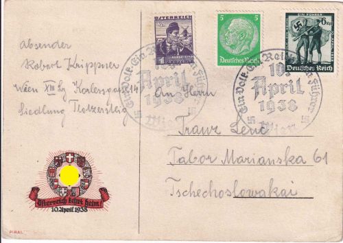 DR/Österreich - Wien 10.4.1938 SST "Befreiungskarte" mit Mischfr. n. TSCHECHIEN