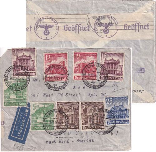 DR - 25+2x15 Pfg. WHW u.a. Luftpostbrief n. USA Frankfurt a/M. 14.11.40 Zensur