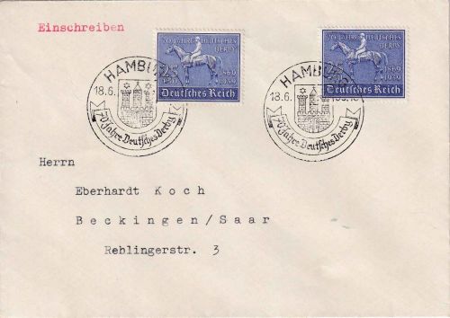 DR - 2x25 Pfg. 70 J. Dt. Derby FDC/Ersttag SST Hamburg 18.6.1939