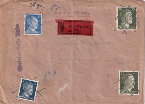 DR - 2x30+20+4 Pfg. AH Wertbrief Kulm (Weichsel) - Berlin 1943