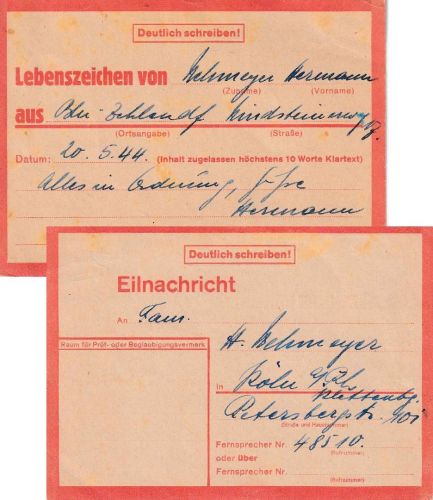 DR - Eilnachrichtenkarte Berlin-Zehlendorf n. Köln 20.5.44