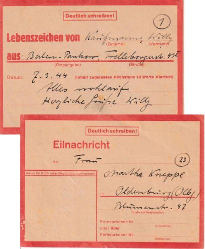 DR - Eilnachrichtenkarte Berlin-Pankow n. Oldenburg 7.3.44