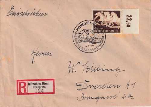 DR - 42 Pfg. Braunes Band Randstück Einschreibebrief SST München-Riem 1942