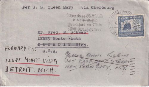 DR - 25 Pfg. Zeppelin Brief n. USA Frankfurt a/M - Detroit 1938 Weiterleitung