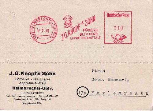 BRD - Helmbrechts 1950 10 Pfg. AFS Kopf's Sohn Färberei Firmenkarte