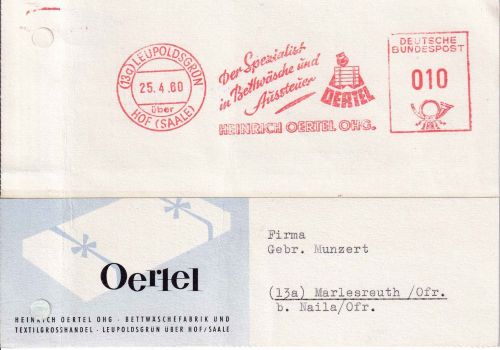 BRD - Leopoldsgrün ü. Hof 1960 10 Pfg. AFS Oertel Bettwäsche Firmenkarte