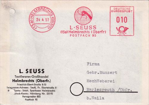 BRD - Helmbrechts 1957 10 Pfg. AFS Seuss Textilwaren Firmenkarte n. Merlesreuth