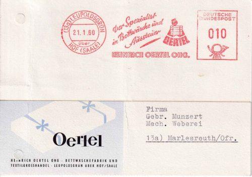 BRD - Leopoldsgrün ü. Hof 1960 10 Pfg. AFS Oertel Bettwäsche Firmenkarte