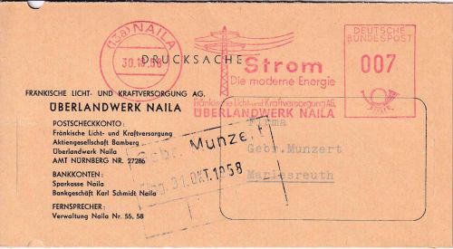 BRD - Naila 1958 7 Pfg. AFS Überlandwerke Faltdrucksache n. Marlesreuth