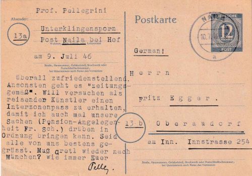 All.Bes. - 12 Pfg. Ziffer Ganzsachenkarte Naila 1946 OU Prof. Pellegrini !