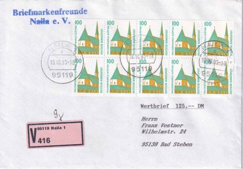 BRD - B&S Heftchenblatt Wertbrief (Versuchszettel) Naila - Bad Steben 18.10.95