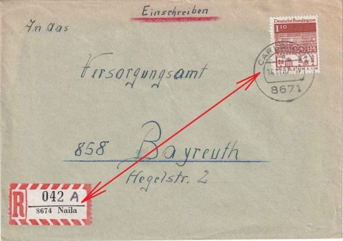 BRD - 1,10 M. Bauwerke Einschreibebrief Carlsgrün/Naila - Bayreuth 1967