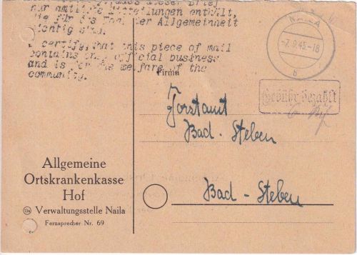 All.Bes. - Naila 7.9.45 Gebühr bezahlt Ra1 Karte n. Bad Steben Zulassungsvermerk