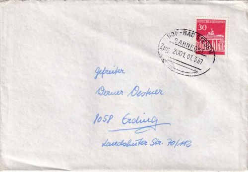 BRD - Hof/Bad Steben Zug 2001 Bahnpost Brief n. Erding 1967