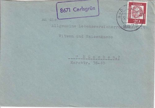 BRD - 8671 Carlsgrün Poststelle I Ra1 Brief Bad Steben - München 22.4.1963
