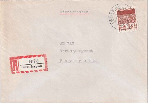 BRD - 1,10 M. Bauwerke Einschreibebrief Issigau - Bayreuth 1968