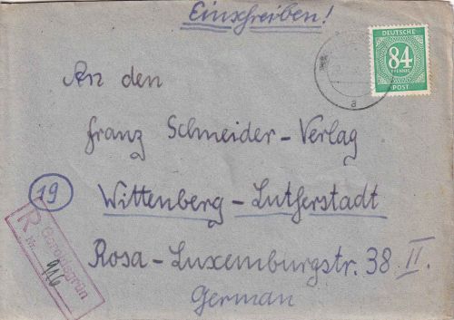 All.Bes. - 84 Pfg. Ziffer Einschreibebrief Geroldsgrün - Wittenberg 1946