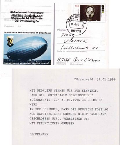 BRD - Geroldsgrün 2 31.1.1996 (Dürrenwaid) Sonderganzsache Tag d. Schließung