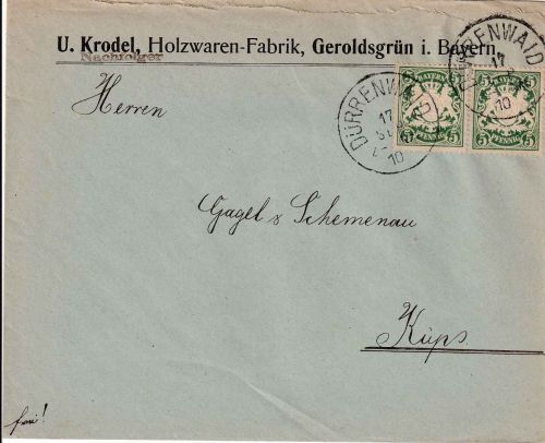 Bayern - 2x5 Pfg. Wappen Brief Dürrenwald (Geroldsgrün) - Küps 1910