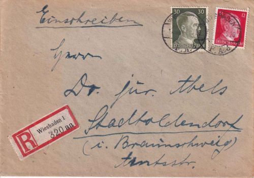 DR - 30+12 Pfg. AH Einschreibebrief Wiesbaden FA - Stadtoldendorf 17.7.44