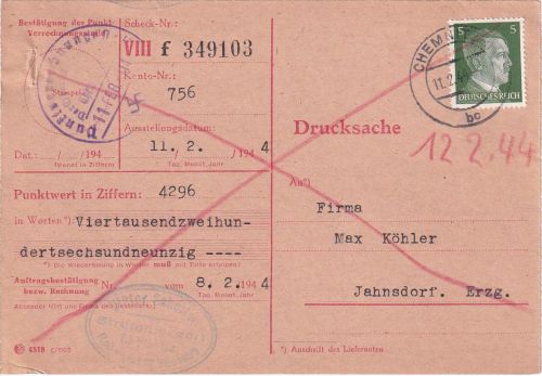 DR - 5 Pfg. AH Drucksache/Punktwertkarte Chemnitz - Jahnsdorf 1944