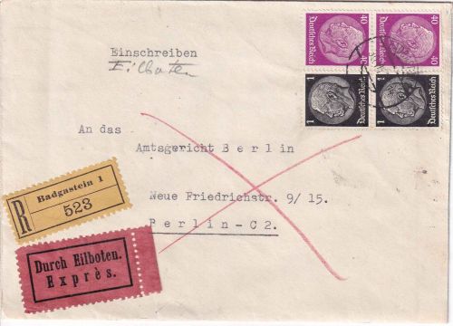 DR - 2x40+2x1 Pfg. Hindenburg Einschreibe-Eilbrief Badgastein - Berlin 30.8.38