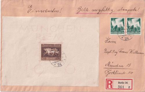 DR - 42 Pfg. Braunes Band Blockausgabe u.a. Einschreibebrief Berlin N24 1936