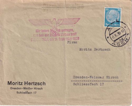 DR - 20 Pfg. Hindenburg Brief/Sondertarif Asch - Dresden 3.10.38 Befreiungsstpl.